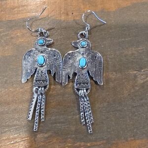 Fashion Jewelry Silver-tone Thunderbird Earrings with Turquoise Accents
